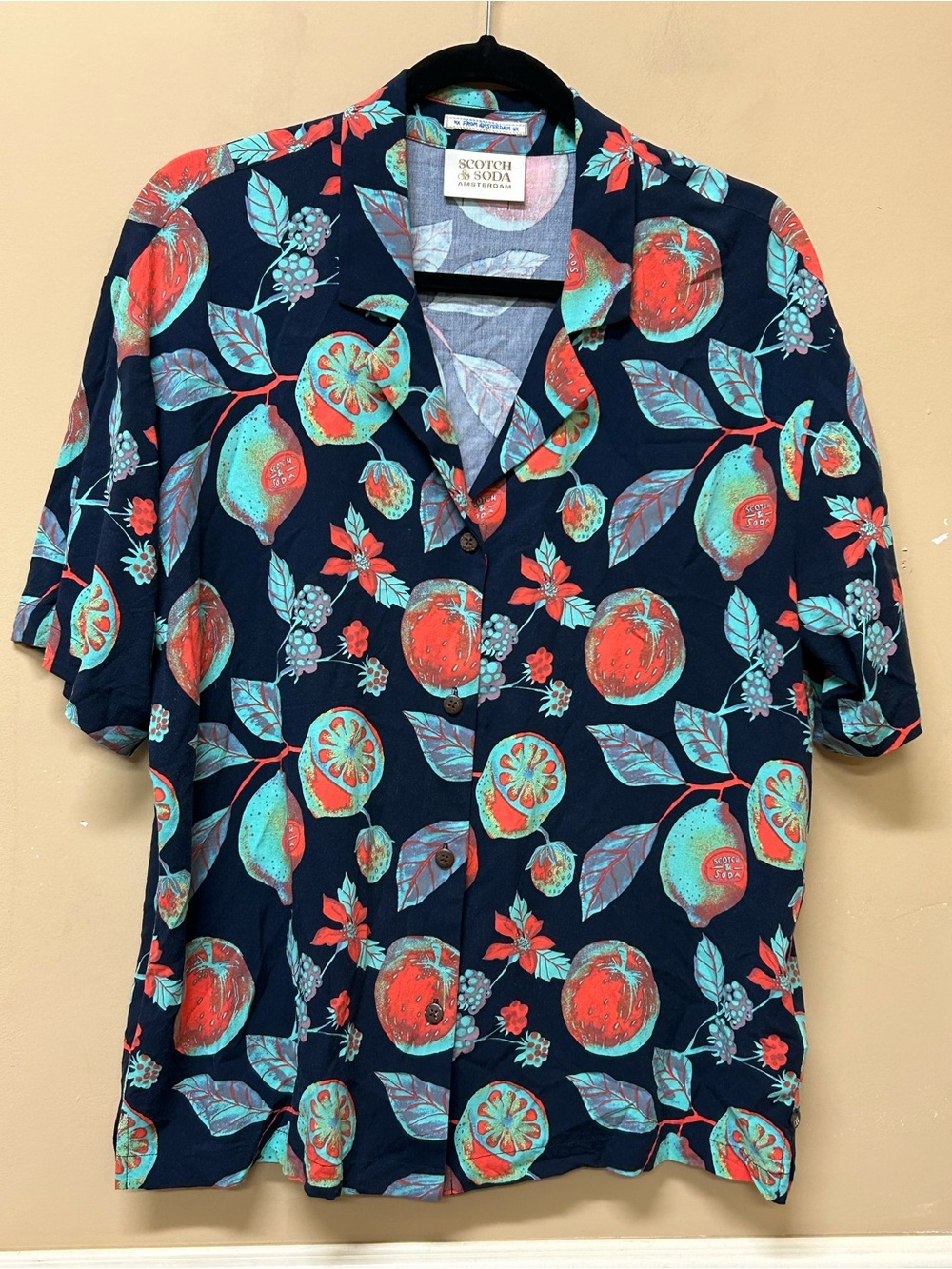 Scotch & Soda Shirt Size 40 Large Amsterdam AOP Fruit Garden Rayon Camp